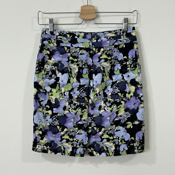 LOFT Mini Skirt 0 Stretch Floral Pencil Black Purple Green Cotton Lined - Picture 2 of 8